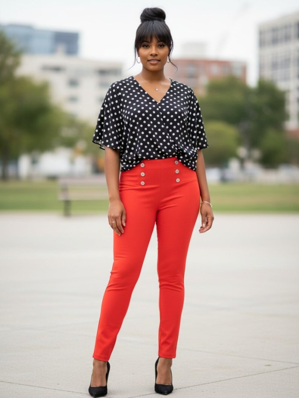 SOHO Apparel Sailor Pants Women Large Red High Waist Button Trousers
